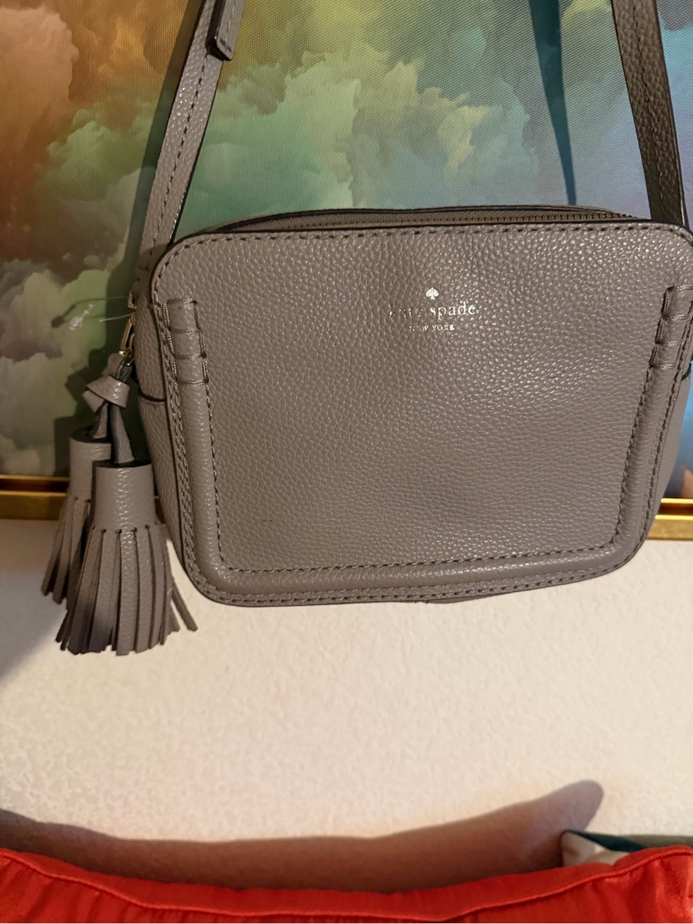 kate spade Light Gray Pebbled Leather Crossbody with Tassel